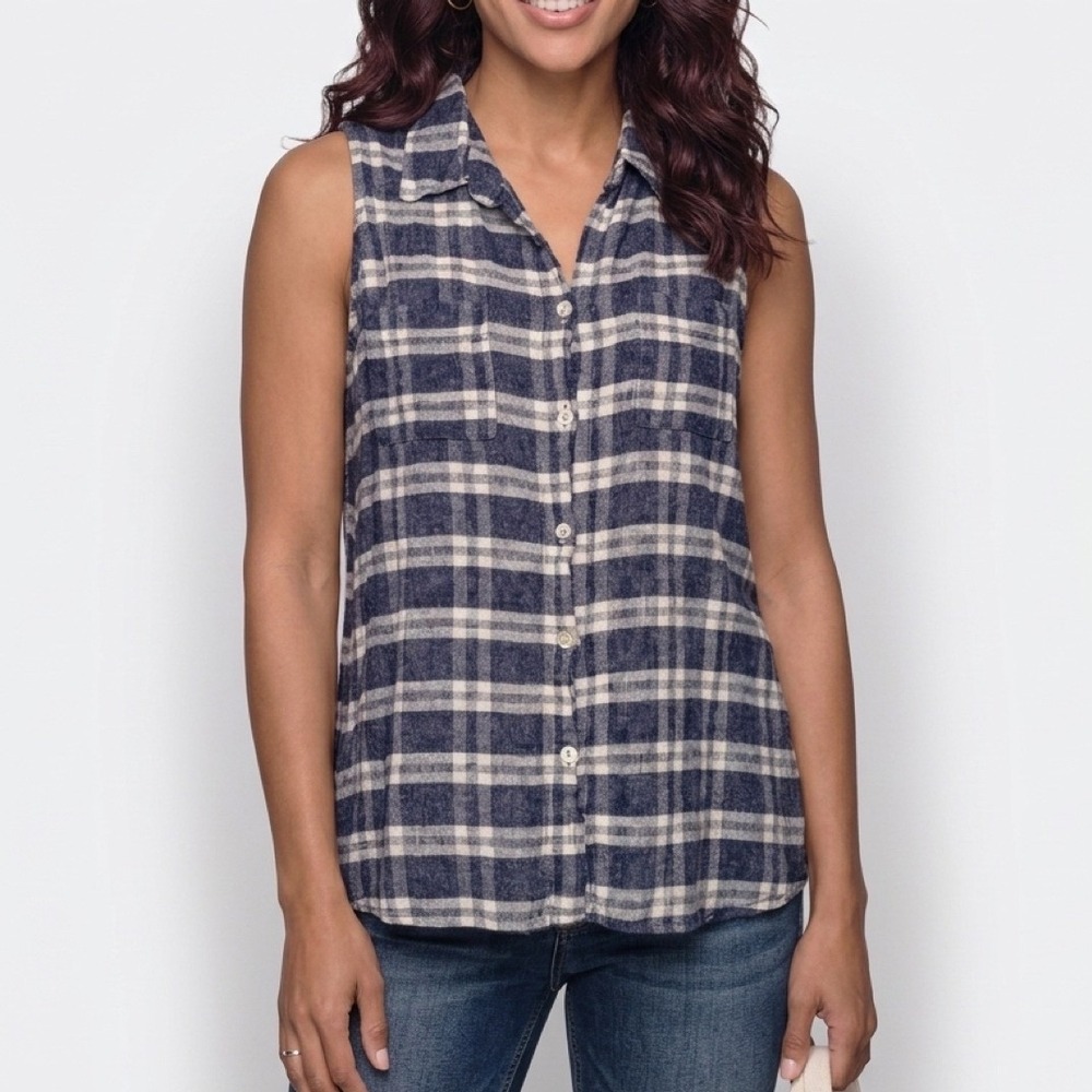 Just Living Plaid Button Down Women S Blue White Linen Blend Sleeveless Top PKTS